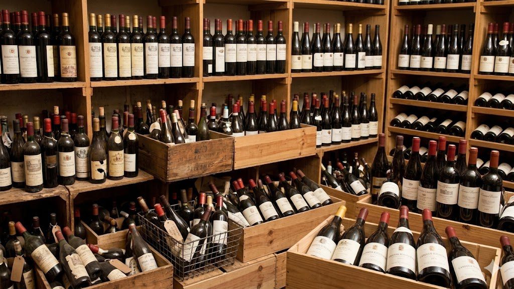 Collection of premium red wine bottles in wooden crates and on shelves in a rustic cellar, signifying a fine wine bin end sale.
